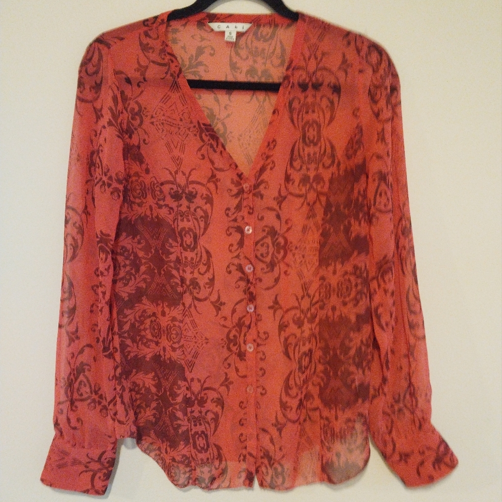 Cabi Rose Colored Damask Print Semi Sheer Button Down Blouse